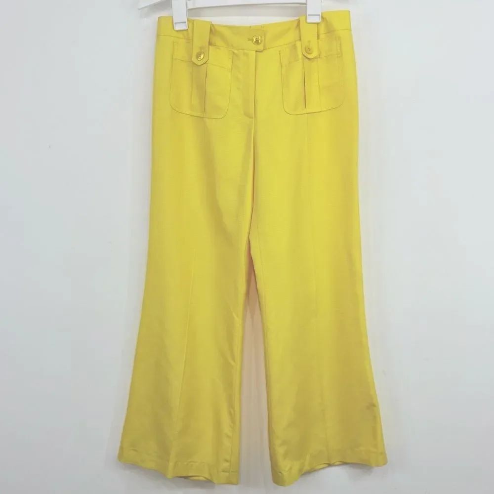 Escada Yellow 100% Silk Patch Pocket Sailor Style Wide Cuff Nautical Trousers